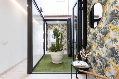 un couloir avec une plante en pot et un miroir dans l'établissement Sunny island terraza san andrés, à San Andrés
