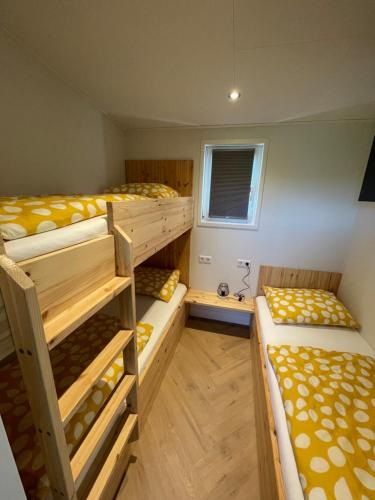 a room with four bunk beds and a window at Chalet 't Kwedammertje in Kwadendamme