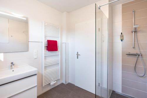 biała łazienka z prysznicem i umywalką w obiekcie Kehrwieder Zinnowitz w Zinnowitz