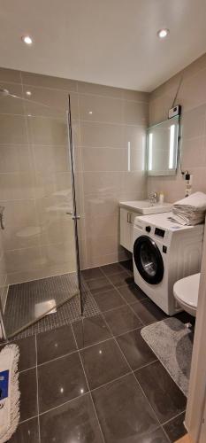 a bathroom with a washing machine and a sink at GJERDRUM/ OSLO RESIDENTS HOSTED BY FELIX in Gjerdrum