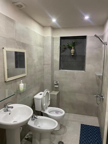 a bathroom with a toilet and a sink at Central Cozy Apartment Old Train Station in Tirana