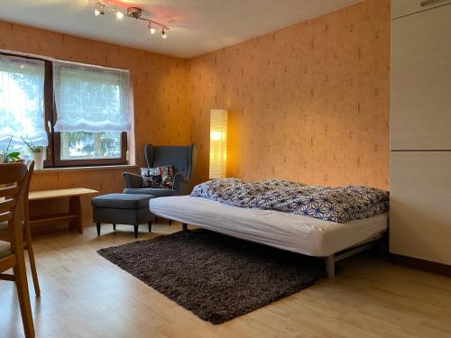 1 dormitorio con cama, escritorio y silla en Ferienwohnung Eva mit Blick ins Grüne, 