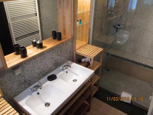 a bathroom with a sink and a shower at Meine Fischerhütte in Börgerende-Rethwisch