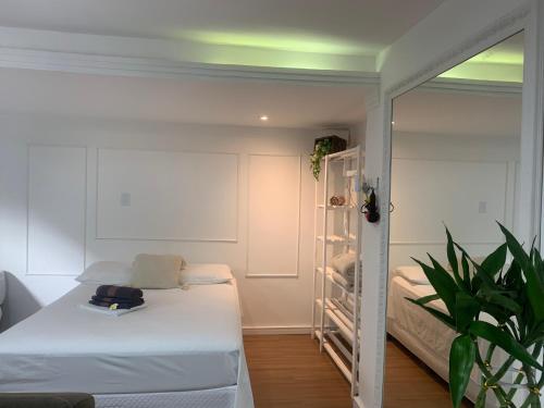 a bedroom with a bunk bed and a plant at Pousada BC Flat 300 m da Praia e da Roda Gigante in Balneário Camboriú