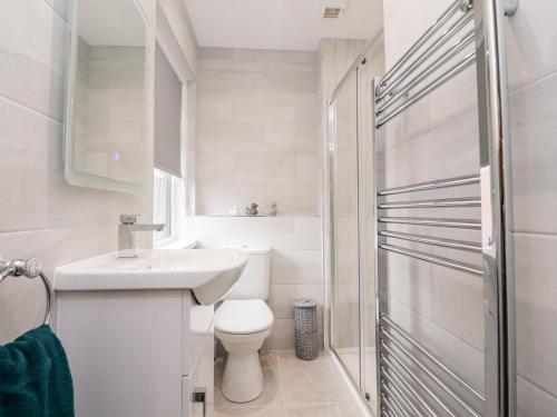 een witte badkamer met een toilet en een wastafel bij Ferry View in Fleetwood