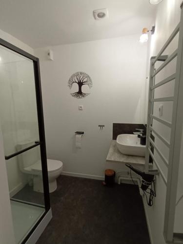 une salle de bain avec toilettes et lavabo dans l'établissement Les chambres de la Vallée, à Argenton-Château