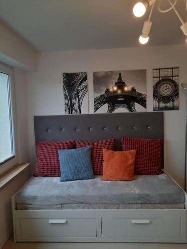 a bedroom with a bed with red and blue pillows at Family Suite Świecie in Świecie