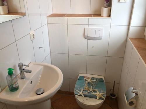 a bathroom with a sink and a toilet with a picture on it at Mine Heimat _ Dat Roeverhus_ in Zingst