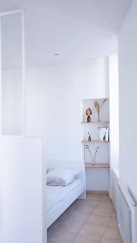Cette chambre blanche comprend un lit et une étagère. dans l'établissement T2 aménagé Palais Longchamp, à Marseille