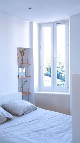 マルセイユにあるT2 aménagé Palais Longchampの白いベッドルーム(ベッド1台、窓2つ付)