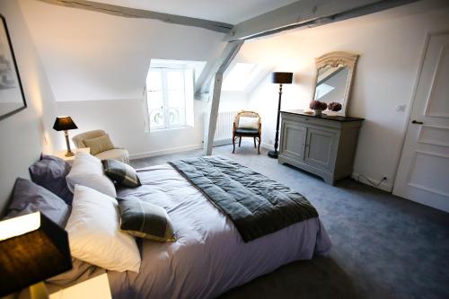 a bedroom with a large bed and a mirror at L’Atelier in Saint-Denis-sur-Loire