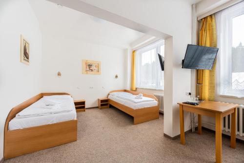 a room with two beds and a desk and a tv at HOTEL AGRI in Soběšice