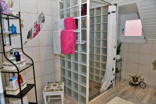 a shower with glass block doors in a bathroom at Sommerhaus in Veszprém