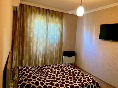 een slaapkamer met een bed en een raam met een televisie bij Apartment in Kutaisi Agmashenebeli in Koetaisi