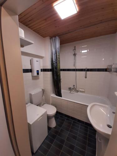 een badkamer met een toilet, een bad en een wastafel bij Familien Ferienwohnung Harzer Schöllchen in Sankt Andreasberg