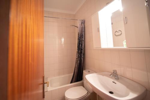 W łazience znajduje się umywalka, toaleta i lustro. w obiekcie Apartamento a 3 Kms. de IGUALADA w mieście Santa Margarita de Mombúy