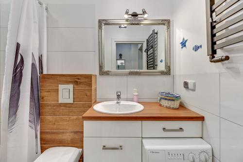 a bathroom with a sink and a mirror at K2018 Mezzo Grand Tourist Apartments in Gdańsk