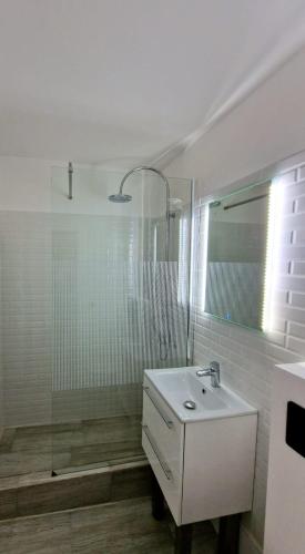 a white bathroom with a sink and a shower at PREFECTURE APARTMENTS in Timişoara