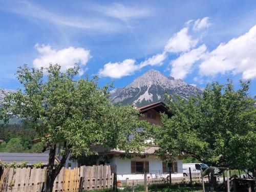 a mountain in front of a house with trees at Ferienwohnung Frieda in Ellmau