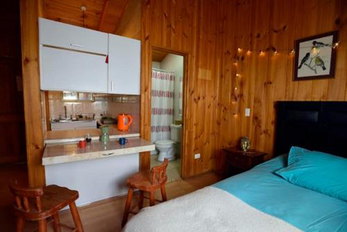 a bedroom with a bed and a kitchen in it at Las lomitas de Guayacan, Cabañas y Spa in San José de Maipo