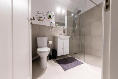 ein Badezimmer mit einem weißen WC und einer Dusche in der Unterkunft Prime Apartments City Center in Suceava