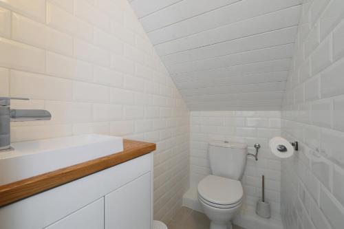 La salle de bains blanche est pourvue de toilettes et d'un lavabo. dans l'établissement Lotti Residence Romantik, à Balatonfüred
