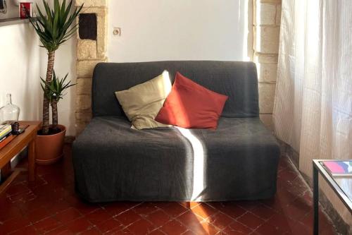un sofá con 3 almohadas en la sala de estar en Studio au cœur du centre ville d’Avignon, en Aviñón