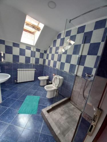 a bathroom with a shower and a toilet and a sink at Marisol in Eforie Nord
