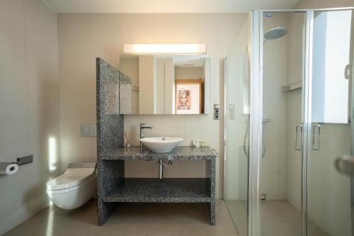 a bathroom with a sink and a toilet and a mirror at Es Maiols Casa B in Can Furnet