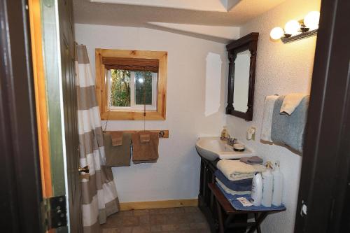 een kleine badkamer met een wastafel en een raam bij Denali Park View Family Log Cabin in McKinley Park