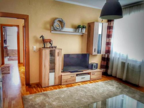 sala de estar con TV de pantalla plana en un soporte en Ferienwohnung Klagenfurt, en Klagenfurt