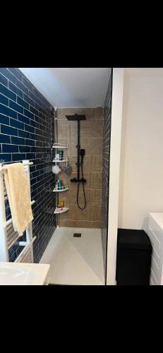 ein Bad mit einer Dusche und einer schwarzen Kachelwand in der Unterkunft Maison de ville in Coulombs