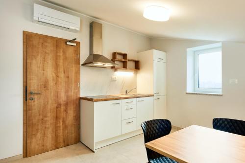a kitchen with white cabinets and a wooden door at Posestvo Rouna - winery and apartments in Vipava