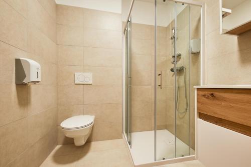 a bathroom with a toilet and a glass shower at Posestvo Rouna - winery and apartments in Vipava