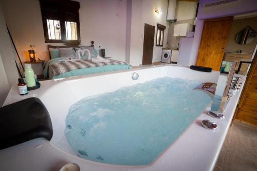 a bath tub filled with blue water in a bedroom at Apartamento Villar in Alcalá del Júcar