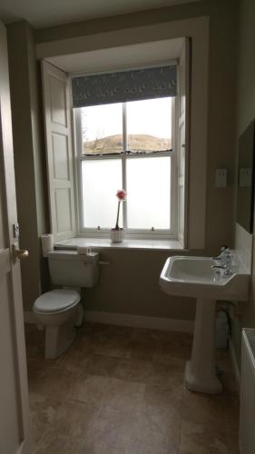 a bathroom with a toilet and a sink and a window at Kirkland House B&B in Tarbert