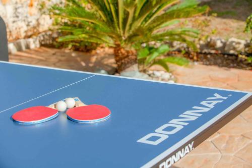 a blue table with two red and white balls at Villa Styliani in Argaka