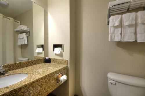 a bathroom with a sink and a toilet and a mirror at Stonebrook Lodge in Cherokee