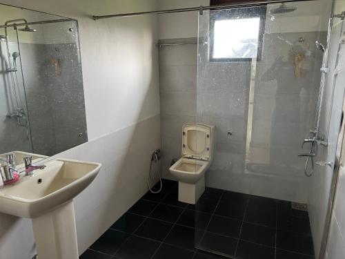 een badkamer met een wastafel, een douche en een toilet bij Hilltop Palace Elpitiya in Elpitiya