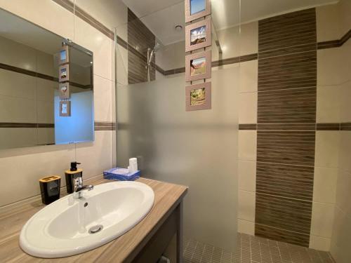 a bathroom with a white sink and a shower at Bel appartement avec WiFi, balcon et garage à Perros-Guirec - FR-1-368-375 in Perros-Guirec