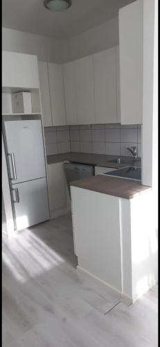 a white kitchen with a sink and a refrigerator at Royal Katariina in Kokkola
