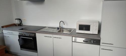 a kitchen with a sink and a microwave at De oude statie in Tessenderlo