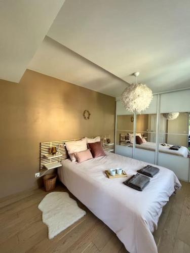 une chambre avec un grand lit et un grand miroir dans l'établissement Charmant 2 pièces proche Monaco - Parking privé, à Menton