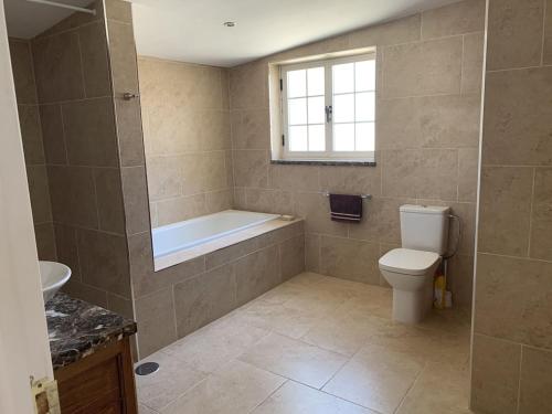 a bathroom with a tub and a toilet and a sink at Casa Paraiso Villa Tenerife, stunning family bungalow with totally secluded pool area, wheelchair friendly in San Miguel de Abona