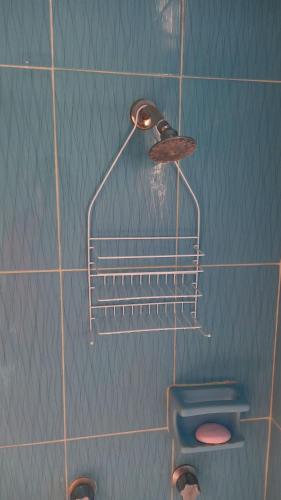 a blue tiled bathroom with a toilet and a shelf at Casa El Colibrí CEC in Tehuacán