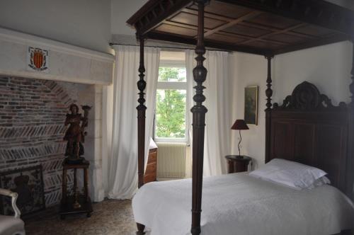 a bedroom with a canopy bed and a window at Château de Bouesse en Berry in Bouesse