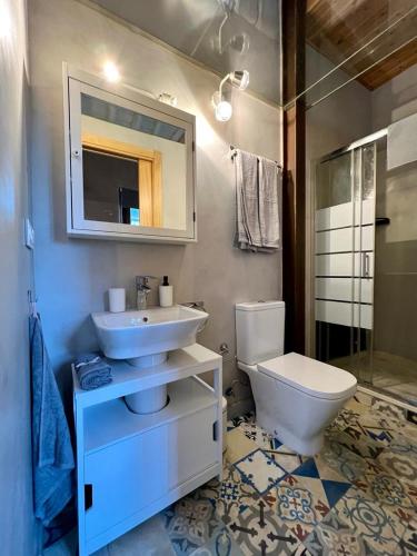 ein Badezimmer mit einem Waschbecken, einem WC und einem Spiegel in der Unterkunft Suite Catedral in Granada