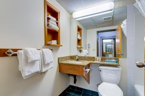a bathroom with a toilet and a sink and a mirror at Chateau Canmore in Canmore