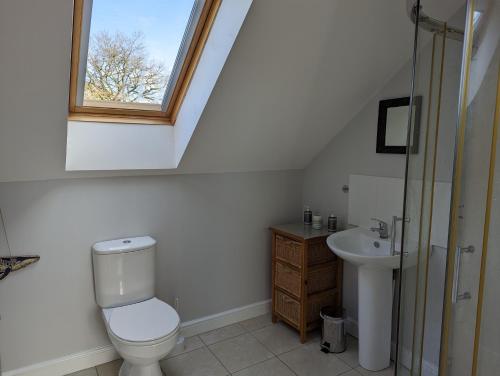 a bathroom with a toilet and a sink and a window at Quiet Country Annex - Near M1 - J27 in Selston