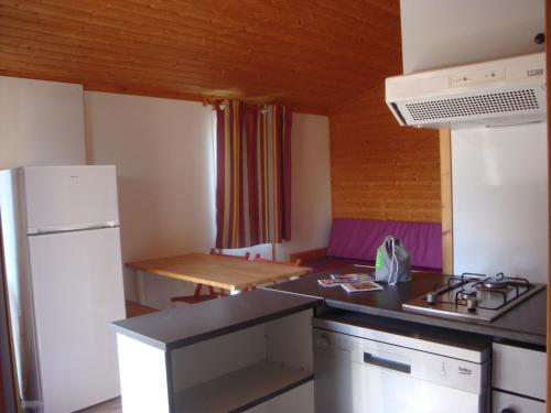 eine Küche mit einem Herd und einem weißen Kühlschrank in der Unterkunft La Pourvoirie des Ellandes in Excenevex